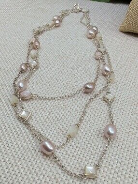 Vintage 925 Sterling Silver Pink Pearl Mother of Pearl Station Necklace 16-18"